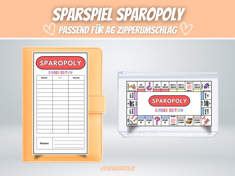 May include: A pink and white Sparopoly board game for kids, with a score sheet and a zippered pouch. The game board features a question mark, a piggy bank, and a dice.