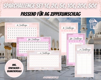 Sparchallenge Set 1, 2, 5, 10, 20, 50 Euro + Blanko Vorlage inkl. Spartracker | Passend für A6 Geldumschläge, A6 Cash Binders | PDF Downlad