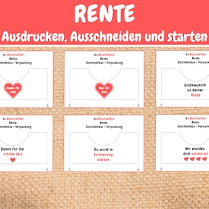 May include: Six printable cards with different messages for a retirement party. The cards are white with black text and red hearts. The text on the cards reads: "Danke f&uuml;r alles", "Nur f&uuml;r dich", "Gl&uuml;ckwunsch zu deiner Rente", "Danke f&uuml;r die sch&ouml;ne Zeit", "Du wirst in Erinnerung bleiben", and "Wir werden dich vermissen".