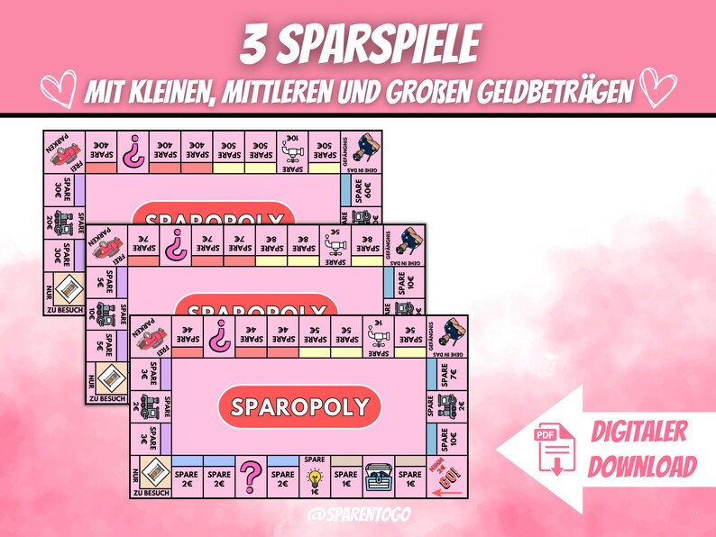 May include: Three printable board games called "Sparopoly" with different amounts of money to save. The games are pink and blue with a cartoon train, a question mark, and a lightbulb.