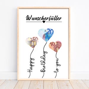 Geldgeschenk zum Geburtstag, kreatives Geldgeschenk Wunscherfüller Geburtstagsgeschenk Geld, Geburtstagskarte Last Minute Geschenk, Download