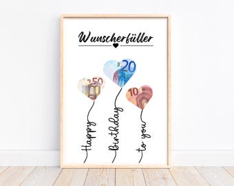 Money gift for birthday, creative money gift wish fulfiller birthday gift money, birthday card last minute gift, download