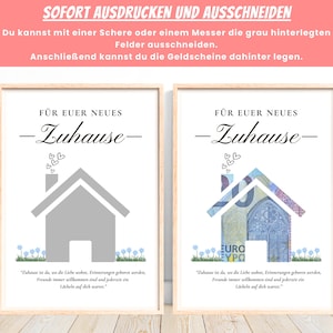 K&ouml;nnte beinhalten: Zwei druckbare Karten mit einer Hausumriss. Das Haus links ist grau, und das Haus rechts ist aus einem Euro-Banknote. Beide Karten haben den Text "F&uuml;r euer neues Zuhause" in Deutsch und ein Zitat &uuml;ber Zuhause in Deutsch.