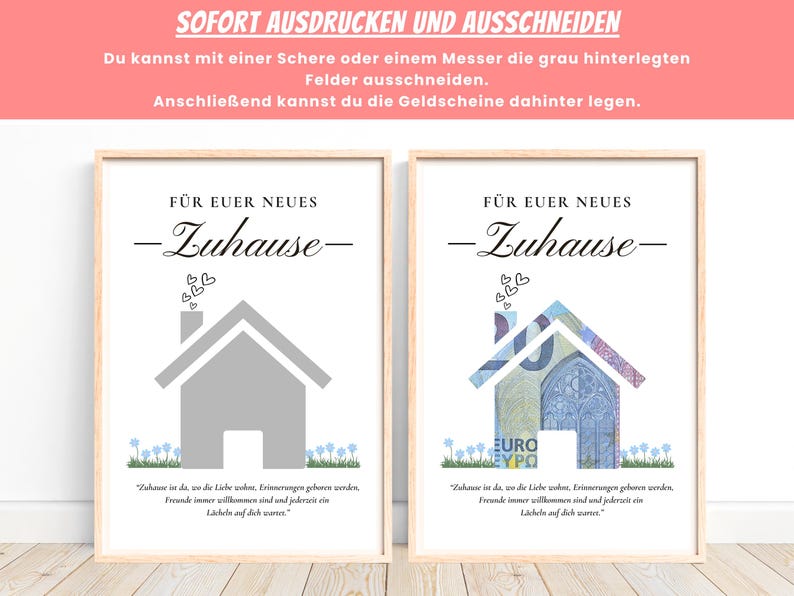 K&ouml;nnte beinhalten: Zwei druckbare Karten mit einer Hausumriss. Das Haus links ist grau, und das Haus rechts ist aus einem Euro-Banknote. Beide Karten haben den Text "F&uuml;r euer neues Zuhause" in Deutsch und ein Zitat &uuml;ber Zuhause in Deutsch.