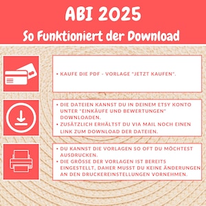 May include: A red and white graphic with the text "ABI 2025" and "So Funktioniert der Download". The graphic explains how to download a PDF template. The graphic includes icons for a credit card, a download arrow, and a printer.