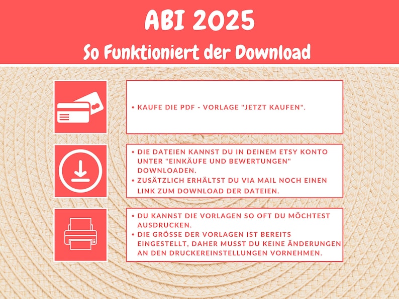 May include: A red and white graphic with the text "ABI 2025" and "So Funktioniert der Download". The graphic explains how to download a PDF template. The graphic includes icons for a credit card, a download arrow, and a printer.