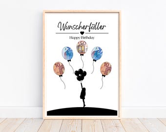Money gift for birthday, creative money gift wish fulfiller birthday gift money, birthday card last minute gift, download