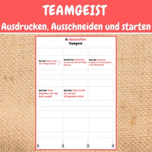 May include: A printable worksheet with the title "Teamgeist" in red text. The worksheet has a grid with four boxes. Each box has a title and a description of a team role. The titles are "Team-Koch", "Team-Arbeit", "Team-Rhythmos", and "Team-Surfer". The descriptions are "der Erfolge w&uuml;rzt", "auf wie der Du auf einem Festival", "der den Beat vorgibt", and "der auf der Erfolgswelle reitet".