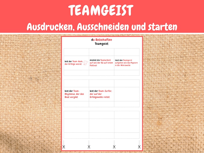 May include: A printable worksheet with the title "Teamgeist" in red text. The worksheet has a grid with four boxes. Each box has a title and a description of a team role. The titles are "Team-Koch", "Team-Arbeit", "Team-Rhythmos", and "Team-Surfer". The descriptions are "der Erfolge w&uuml;rzt", "auf wie der Du auf einem Festival", "der den Beat vorgibt", and "der auf der Erfolgswelle reitet".