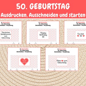 May include: Five printable gift box designs for a 50th birthday. Each design features a red and white polka dot background with a different message in a white box. The messages are "Happy Birthday 50", "Herzlichen Gl&uuml;ckwunsch zum Geburtstag", "Du bist 50", "Alles zum Geburtstag", and "Happy Birthday 50".