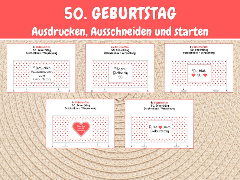 May include: Five printable gift box designs for a 50th birthday. Each design features a red and white polka dot background with a different message in a white box. The messages are "Happy Birthday 50", "Herzlichen Gl&uuml;ckwunsch zum Geburtstag", "Du bist 50", "Alles zum Geburtstag", and "Happy Birthday 50".