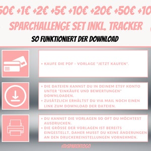 May include: A pink and white graphic with the text "0,50&euro; +1&euro; +2&euro; +5&euro; +10&euro; +20&euro; +50&euro; +100&euro;" and "SPARCHALLENGE SET INKL. TRACKER" in black. The text "SO FUNKTIONIERT DER DOWNLOAD" is in black and is below the text "SPARCHALLENGE SET INKL. TRACKER". There are three pink boxes with white icons. The first box has a credit card icon, the second box has a download arrow icon, and the third box has a printer icon. The text below each icon describes how to download and print the PDF.