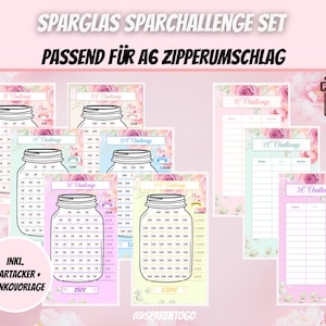 Può includere: Un set di tracker di sfida di risparmio in barattolo stampabili in rosa, blu e giallo con motivi floreali. I tracker sono per sfide da 10, 20, 30 e 50 centesimi. Il set include un modello vuoto e un tracker per una sfida da 2 euro. Il testo sull'immagine è "Sparglas Sparchallenge Set Passend fur A6 Zipperumschlag" e "INKL. Spartacker + Blankovorage".