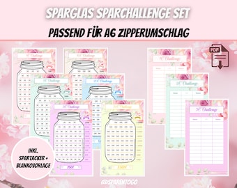 Sparglas Sparchallenge Set 1, 2, 5, 10, 20, 50 Euro + Blanko Vorlage inkl. Spar Tracker | Passend für A6 Geldumschläge & A6 Cash Binders