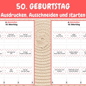 May include: A printable set of 12 cards with red polka dots and black text. The cards feature messages for a 50th birthday celebration. The text on the cards includes phrases like "You're still young!" and "You're the best!"