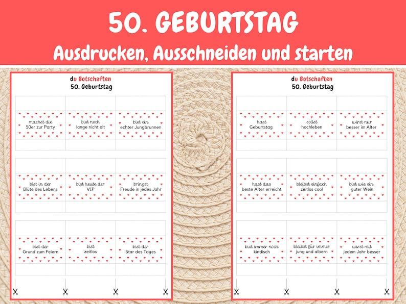 May include: A printable set of 12 cards with red polka dots and black text. The cards feature messages for a 50th birthday celebration. The text on the cards includes phrases like "You're still young!" and "You're the best!"