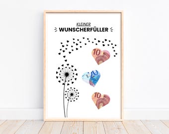 Money gift for birthday, creative money gift, money gift wish fulfiller DIY gift idea, last minute gift to print, PDF