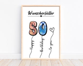 Cash gift 50th birthday wish fulfiller birthday gift gift idea, creative cash gift, last minute gift to print