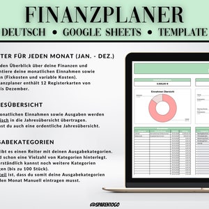 Pode incluir: Uma captura de tela de um modelo de planilha do Google Sheets para um planejador financeiro pessoal em alem&atilde;o. O modelo inclui se&ccedil;&otilde;es para receitas e despesas mensais e anuais, bem como uma se&ccedil;&atilde;o para categorizar as despesas. O modelo tamb&eacute;m inclui um gr&aacute;fico de pizza que mostra as receitas e despesas para o m&ecirc;s de janeiro.
