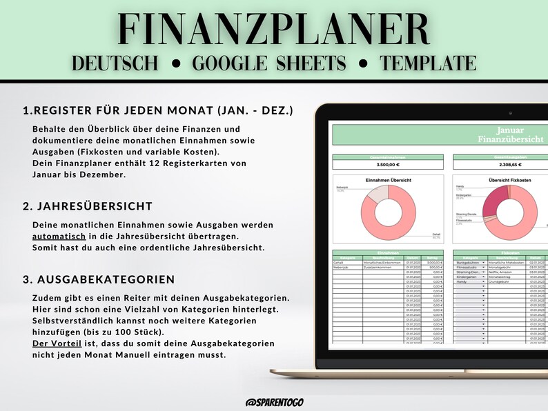 Pode incluir: Uma captura de tela de um modelo de planilha do Google Sheets para um planejador financeiro pessoal em alem&atilde;o. O modelo inclui se&ccedil;&otilde;es para receitas e despesas mensais e anuais, bem como uma se&ccedil;&atilde;o para categorizar as despesas. O modelo tamb&eacute;m inclui um gr&aacute;fico de pizza que mostra as receitas e despesas para o m&ecirc;s de janeiro.