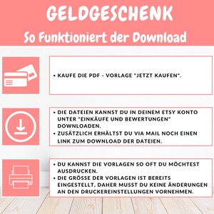 K&ouml;nnte beinhalten: Eine rosa-wei&szlig;e Grafik mit dem Text "GELDGESCHENK" und "So Funktioniert der Download". Die Grafik zeigt drei Schritte zum Herunterladen eines digitalen Produkts: 1. Kaufen Sie die PDF-Vorlage, 2. Laden Sie die Dateien von Ihrem Etsy-Konto herunter, und 3. Drucken Sie die Vorlagen so oft Sie m&ouml;chten.