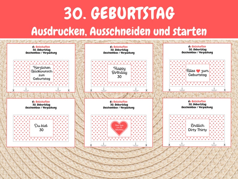 K&ouml;nnte beinhalten: Sechs druckbare Geschenkbox-Designs f&uuml;r einen 30. Geburtstag. Jedes Design verf&uuml;gt &uuml;ber ein rotes Herzmuster und eine andere Geburtstagsnachricht. Die Nachrichten beinhalten "Happy Birthday 30", "Alles zum Geburtstag", "Herzlichen Gl&uuml;ckwunsch zum Geburtstag", "Du bist 30", "Endlich Dirty Thirty" und "Happy Birthday 30".
