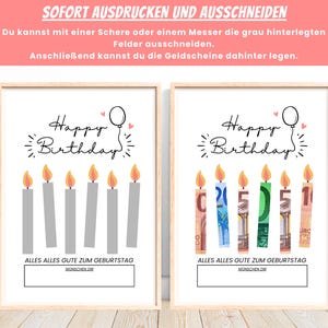 May include: Two printable cards with a Happy Birthday message and candles. The candles are gray on one card and have euro bills glued to them on the other card. The text "Alles Alles Gute zum Geburtstag" is on both cards.