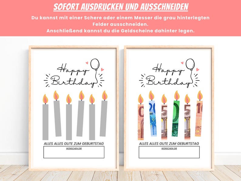 May include: Two printable cards with a Happy Birthday message and candles. The candles are gray on one card and have euro bills glued to them on the other card. The text "Alles Alles Gute zum Geburtstag" is on both cards.