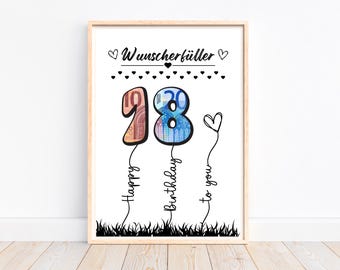 Cash gift 18th birthday wish fulfiller birthday gift gift idea, creative cash gift, last minute gift to print, A4