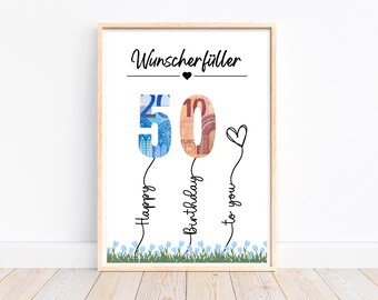 Cash gift 50th birthday wish fulfiller birthday gift gift idea, creative cash gift, last minute gift to print