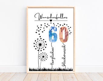 Cash gift 60th birthday wish fulfiller birthday gift gift idea, creative cash gift, last minute gift to print