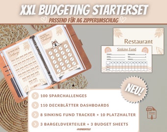 Budgeting XXL STARTER Set para la carpeta de presupuestos PDF con 110 paneles de control | 100 desafíos de ahorro l 8 rastreadores de fondos de amortización l 10 comodines