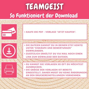 Puede incluir: Un gr&aacute;fico rosa y blanco con el texto "TEAMGEIST" y "So Funktioniert der Download". El gr&aacute;fico explica c&oacute;mo descargar los archivos digitales comprados en Etsy. El gr&aacute;fico incluye iconos para una tarjeta de cr&eacute;dito, una flecha de descarga y una impresora.