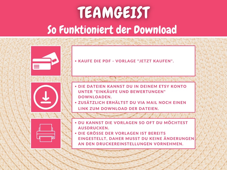 Puede incluir: Un gr&aacute;fico rosa y blanco con el texto "TEAMGEIST" y "So Funktioniert der Download". El gr&aacute;fico explica c&oacute;mo descargar los archivos digitales comprados en Etsy. El gr&aacute;fico incluye iconos para una tarjeta de cr&eacute;dito, una flecha de descarga y una impresora.