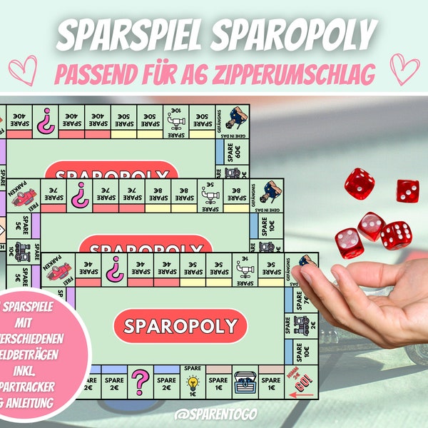 Sparopoly Sparspiel Set Sparchallenge Set Würfel Sparspiel inkl. Tracker Budgeting Challenge Sparen | A6 Zipper Umschlagmethode | PDF Datei