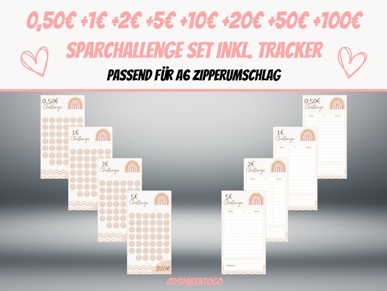 May include: A set of printable saving challenge trackers with rainbow designs. The trackers are for saving amounts of 0.50&euro;, 1&euro;, 2&euro;, 5&euro;, 10&euro;, 20&euro;, 50&euro;, and 100&euro;.