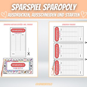 May include: Printable game board and score sheets for a children's version of the board game Monopoly, called "Sparopoly". The game board features a colorful design with a variety of spaces and illustrations. The score sheets are designed to track players' progress and finances.