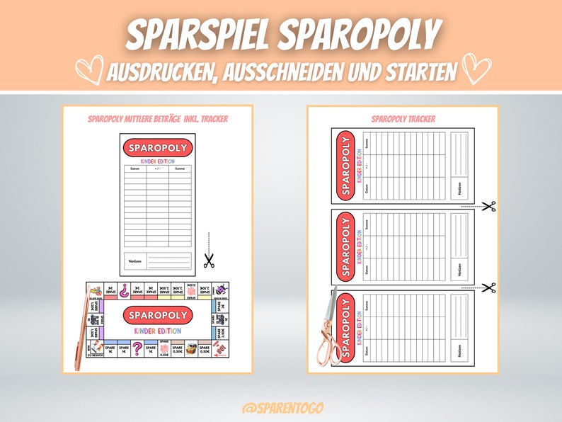 May include: Printable game board and score sheets for a children's version of the board game Monopoly, called "Sparopoly". The game board features a colorful design with a variety of spaces and illustrations. The score sheets are designed to track players' progress and finances.