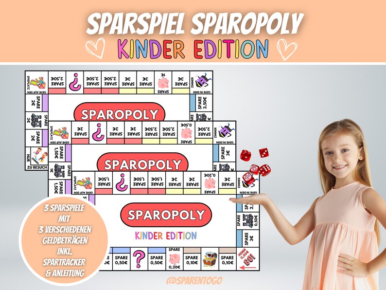 May include: A pink and blue board game called "Sparopoly Kinder Edition" with a girl holding red dice. The game includes three different game boards with different amounts of money to save. The game also includes a Sparotracker and instructions.