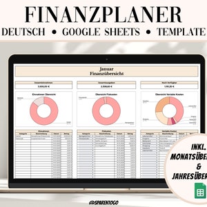 May include: A laptop screen displaying a Google Sheets template for a personal finance planner in German. The template includes a monthly and yearly overview, with sections for income, expenses, and variable costs. The title of the template is "FINANZPLANER" and the text "DEUTSCH GOOGLE SHEETS TEMPLATE" is displayed below the title. The template includes a pie chart for income, expenses, and variable costs. The template is designed to help users track their finances and create a budget.