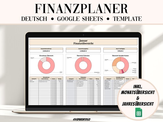 Monatlicher Finanzplaner Google Sheet, Monatlicher Budget Planer, Digitales Haushaltsbuch, Einnahmen Ausgaben Tracken, Budget Jahresplaner