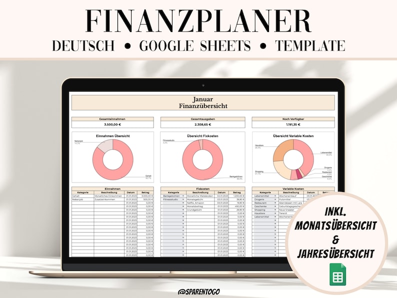 May include: A laptop screen displaying a Google Sheets template for a personal finance planner in German. The template includes a monthly and yearly overview, with sections for income, expenses, and variable costs. The title of the template is "FINANZPLANER" and the text "DEUTSCH GOOGLE SHEETS TEMPLATE" is displayed below the title. The template includes a pie chart for income, expenses, and variable costs. The template is designed to help users track their finances and create a budget.