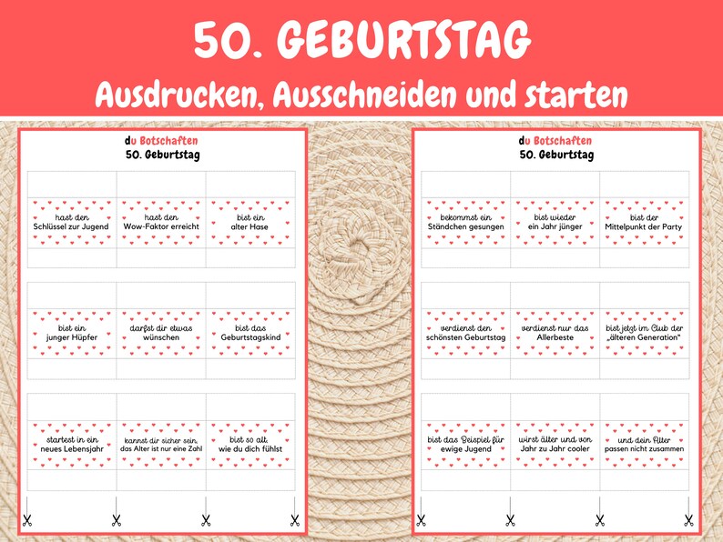 May include: A printable set of 12 cards with red hearts and black text. The cards have messages about turning 50 years old. The text on the cards includes phrases like "You've reached the Wow Factor" and "You're the center of the party".