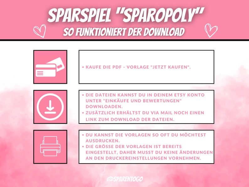 May include: Pink and white graphic with the text "SPARSPIEL "SPAROPOLY" SO FUNKTIONIERT DER DOWNLOAD" and three icons: a credit card, a download arrow, and a printer. The text below the icons explains how to download the printable game.