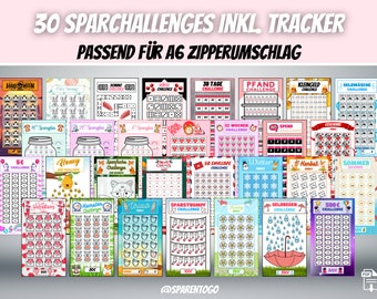 30 savings challenges including tracker | Suitable for A6 cash envelopes, A6 cash binders & A6 transparent envelopes for your budget binder | PDF file