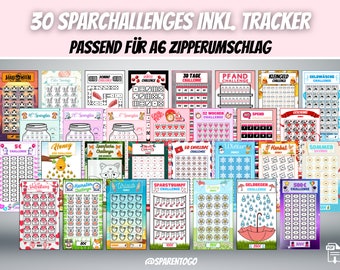 30 Sparchallenges inkl. Tracker | Passend für A6 Geldumschläge, A6 Cash Binders & A6 Klarsichtumschläge für deinen Budget Binder | PDF Datei