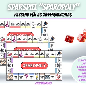 Sparchallenge Sparspiel „Sparopoly“ | Sparspiel Challenge | Budget Binder Sparchallenge | Passend für A6 Zipperumschlag |Umschlagmethode PDF