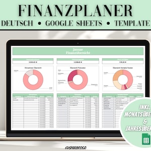 Pode incluir: Um computador port&aacute;til a exibir um modelo de folha de c&aacute;lculo do Google Sheets para um planeador financeiro pessoal alem&atilde;o. A folha de c&aacute;lculo inclui uma vis&atilde;o geral mensal e uma vis&atilde;o geral anual. A folha de c&aacute;lculo &eacute; intitulada "Finanzplaner" e inclui um gr&aacute;fico circular para rendimentos, despesas e custos vari&aacute;veis. A folha de c&aacute;lculo &eacute; intitulada "Januar Finanz&uuml;bersicht".