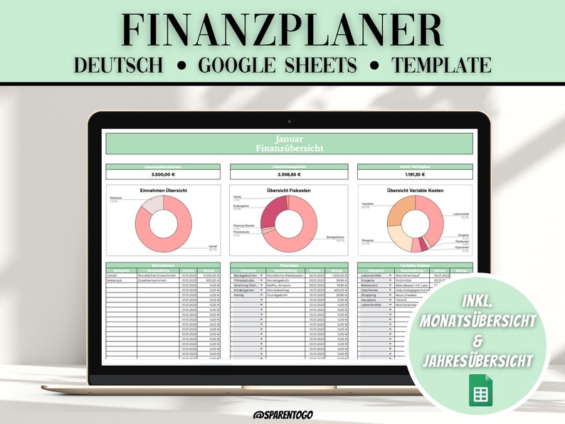 Pode incluir: Um computador port&aacute;til a exibir um modelo de folha de c&aacute;lculo do Google Sheets para um planeador financeiro pessoal alem&atilde;o. A folha de c&aacute;lculo inclui uma vis&atilde;o geral mensal e uma vis&atilde;o geral anual. A folha de c&aacute;lculo &eacute; intitulada "Finanzplaner" e inclui um gr&aacute;fico circular para rendimentos, despesas e custos vari&aacute;veis. A folha de c&aacute;lculo &eacute; intitulada "Januar Finanz&uuml;bersicht".
