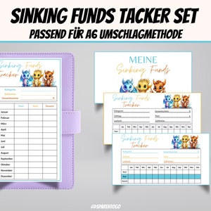 Puede incluir: Un conjunto de tres rastreadores de fondos de hundimiento imprimibles con un dise&ntilde;o de drag&oacute;n. Los rastreadores est&aacute;n etiquetados como "Sinking Funds Tracker" e incluyen categor&iacute;as para "Kategorie", "Zahlweise", "Gesamt Summe", "Start", "Rate", y "Gesamt". Los rastreadores est&aacute;n dise&ntilde;ados para usarse con el m&eacute;todo "AG Umschlagmethode".